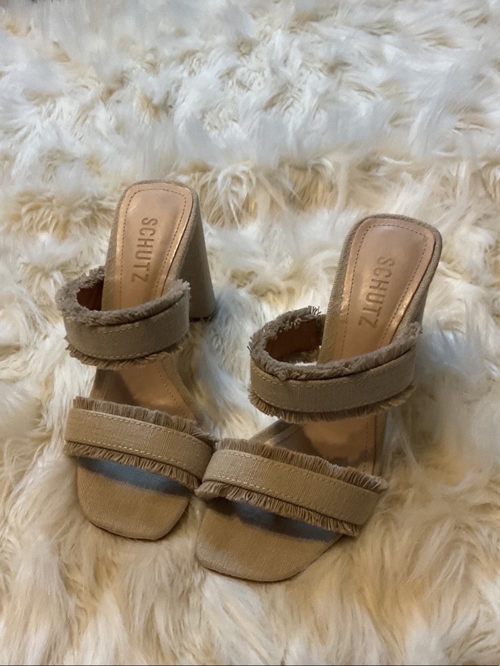 SCHUTZ 4in Beige Fringed Double Strap Block Heel Mules